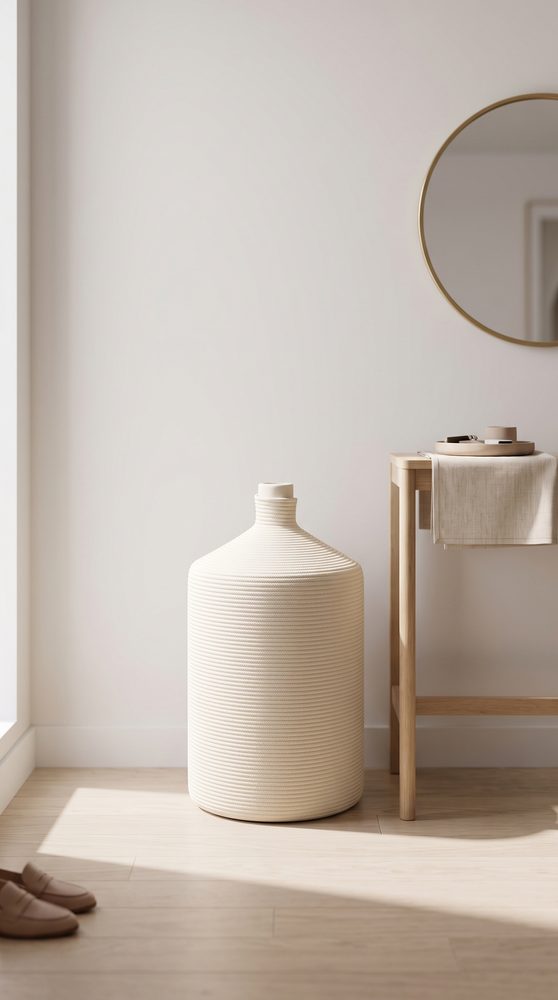 Cream corded Cántaro cover standing in a minimalist entryway