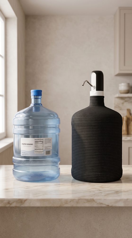 A bare blue five gallon water jug beside the same jug wearing a black woven Cántaro cover