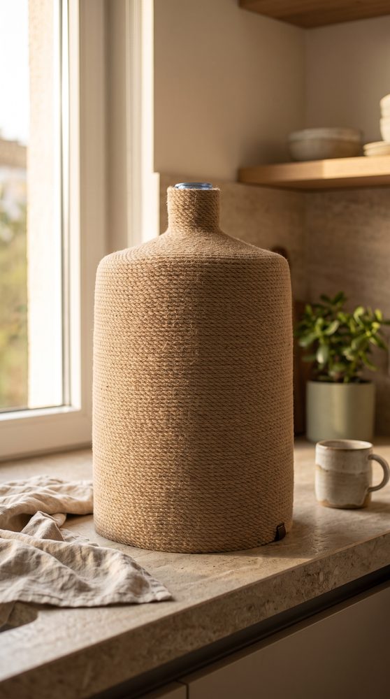 Natural jute rope Cántaro cover on a kitchen counter in morning light